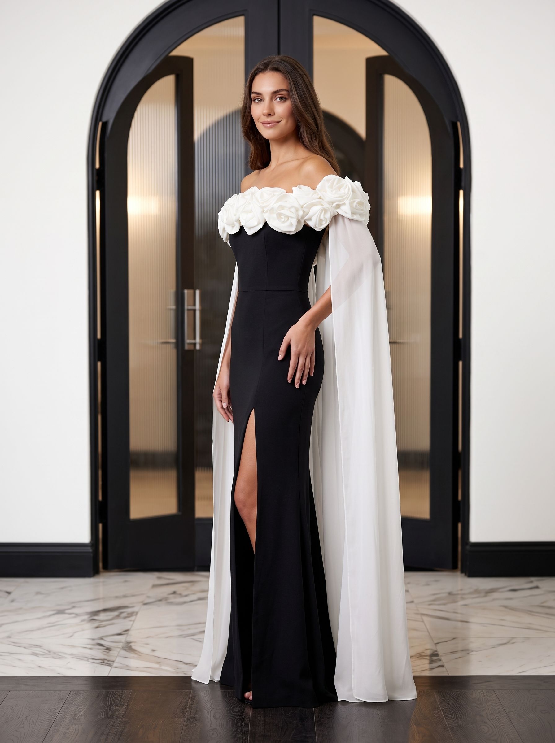 Black Crepe column Off-the-Shoulder Back Zip Floor-Length Dress with Chiffon Cape