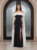 Black Crepe column Off-the-Shoulder Back Zip Floor-Length Dress with Chiffon Cape