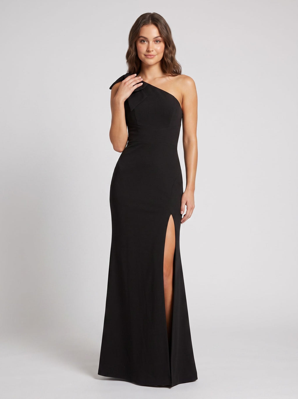 Black Crepe column One Shoulder Back Zip Floor-Length Dress with Bow