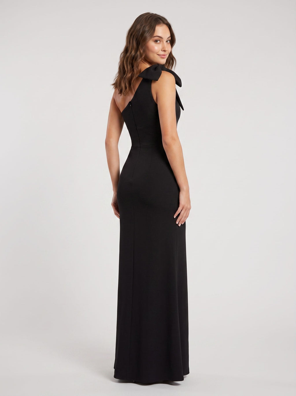 Black Crepe column One Shoulder Back Zip Floor-Length Dress with Bow