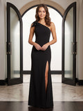 Black Crepe column One Shoulder Back Zip Floor-Length Dress with Bow