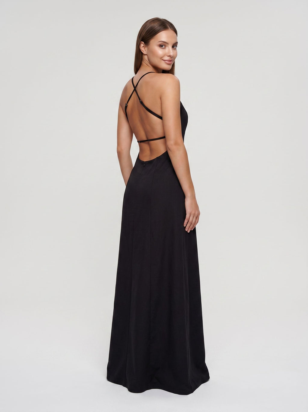 Black Matte Satin  A-Line V-Neck Criss-Cross Straps Floor-Length Dress