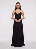 Black Matte Satin  A-Line V-Neck Criss-Cross Straps Floor-Length Dress