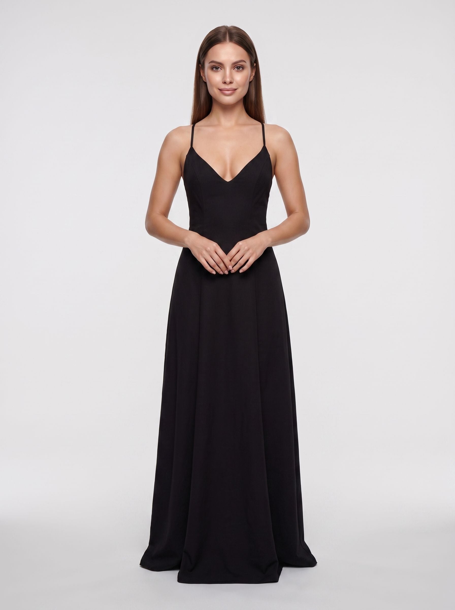 Black Matte Satin  A-Line V-Neck Criss-Cross Straps Floor-Length Dress