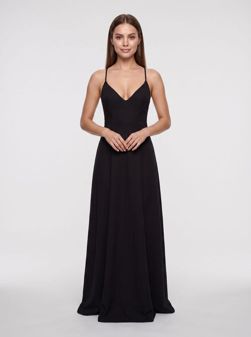 Black Matte Satin  A-Line V-Neck Criss-Cross Straps Floor-Length Dress