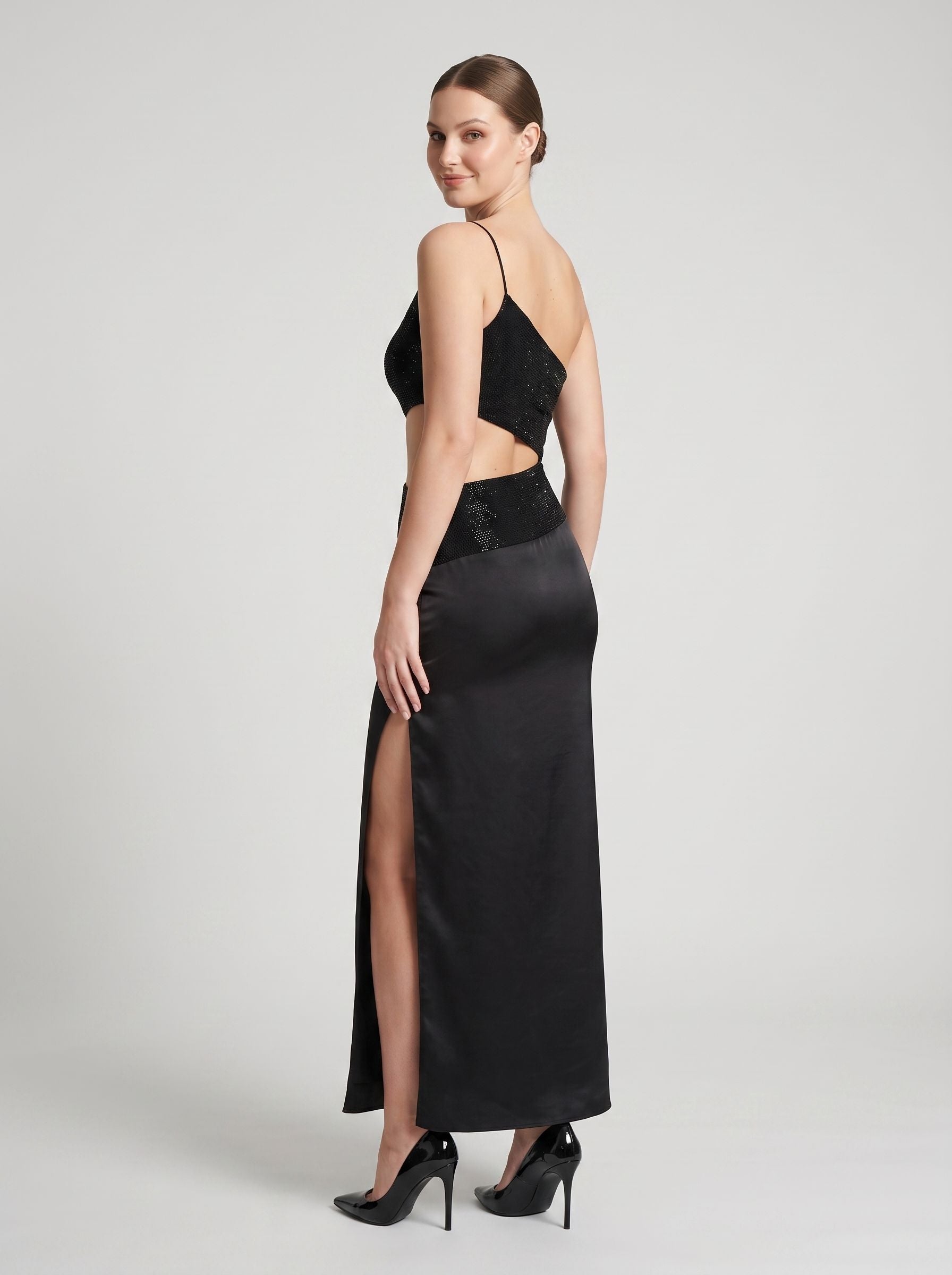 Black Matte Satin Sheath One Shoulder Side Zip Floor-Length Dress with Diamante Trim & Side Slit