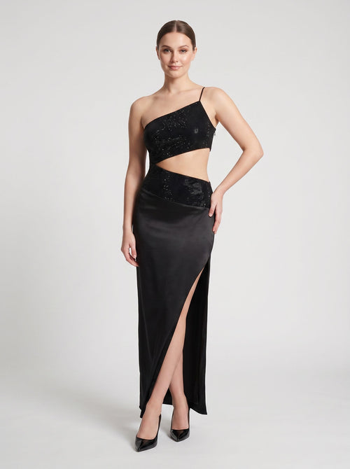 Black Matte Satin Sheath One Shoulder Side Zip Floor-Length Dress with Diamante Trim & Side Slit