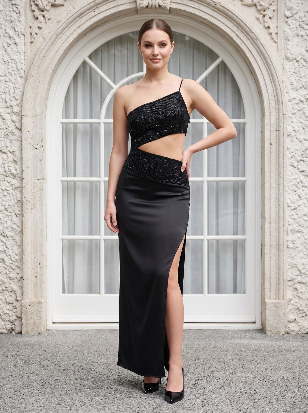 Black Matte Satin Sheath One Shoulder Side Zip Floor-Length Dress with Diamante Trim & Side Slit