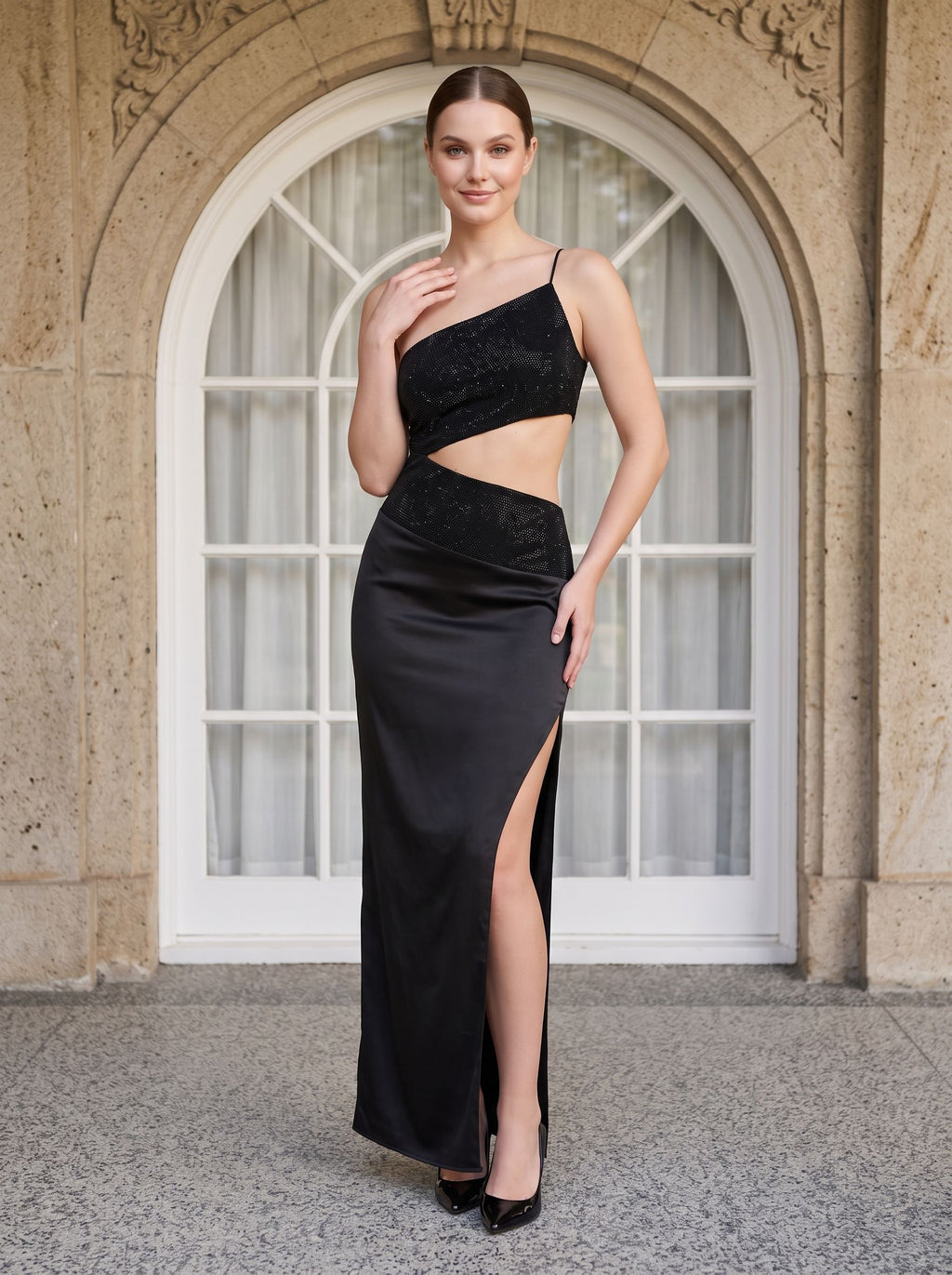 Black Matte Satin Sheath One Shoulder Side Zip Floor-Length Dress with Diamante Trim & Side Slit