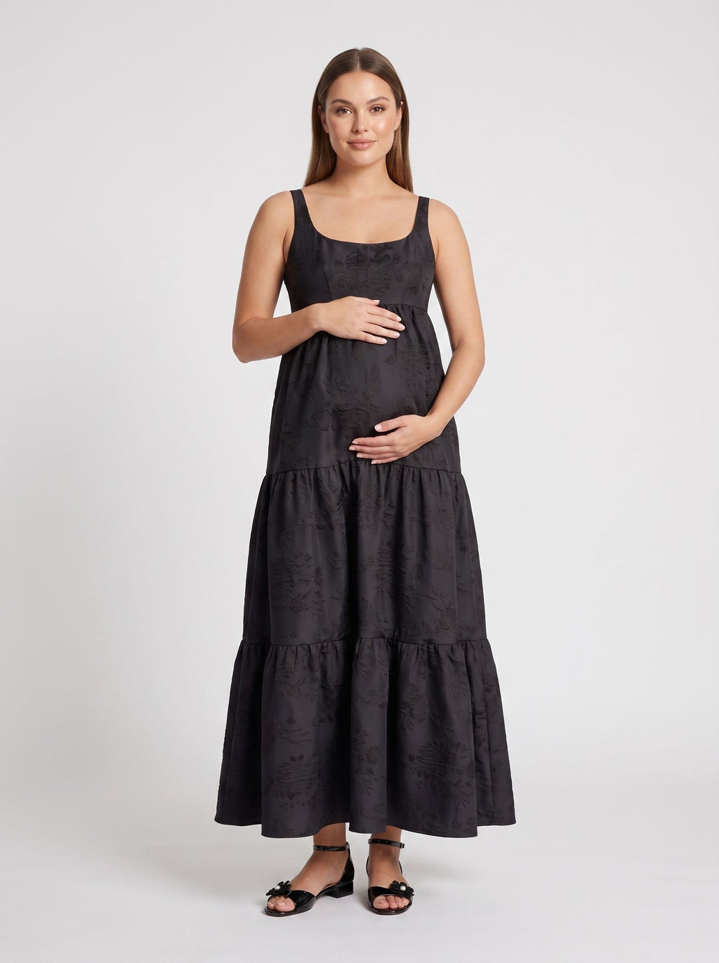 Black Jacquard A-Line Straight Neck Lace-Up Floor-Length  with Tiered Skirt