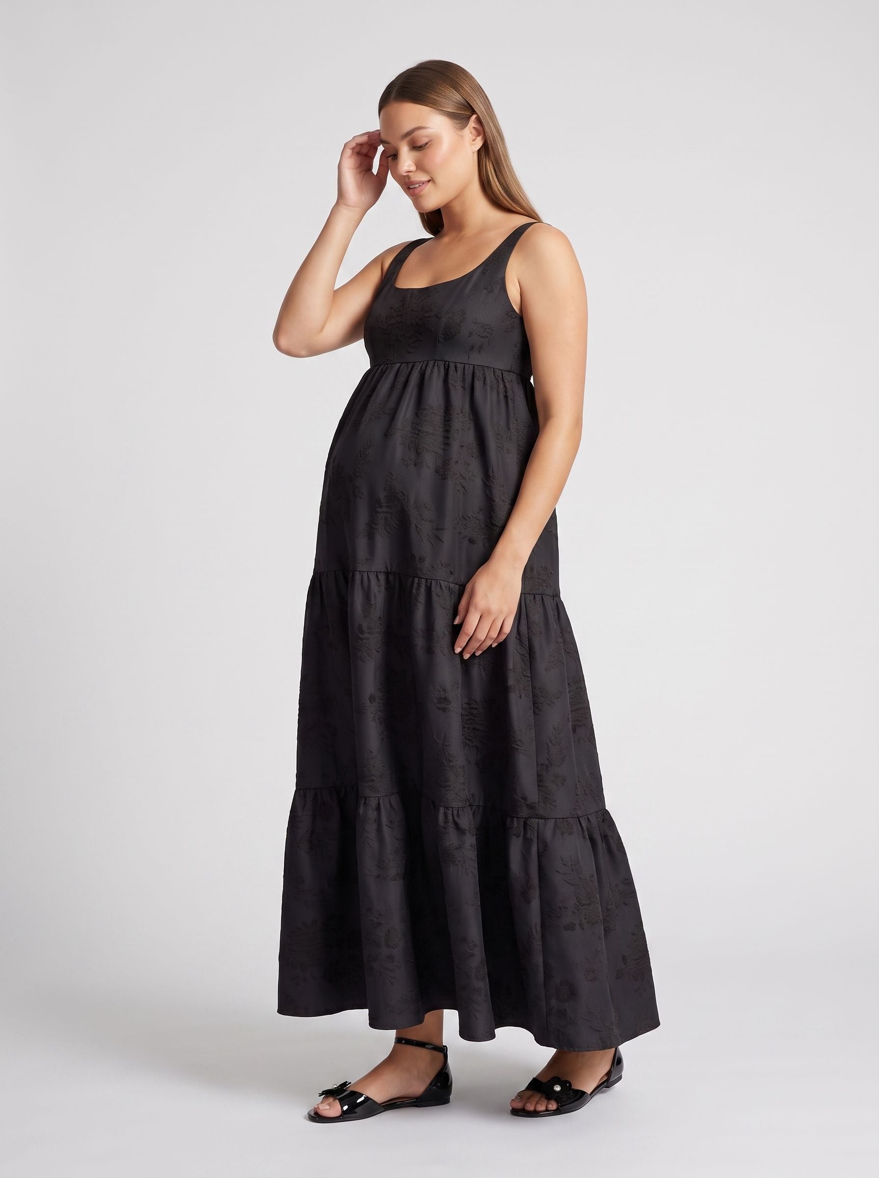 Black Jacquard A-Line Straight Neck Lace-Up Floor-Length  with Tiered Skirt