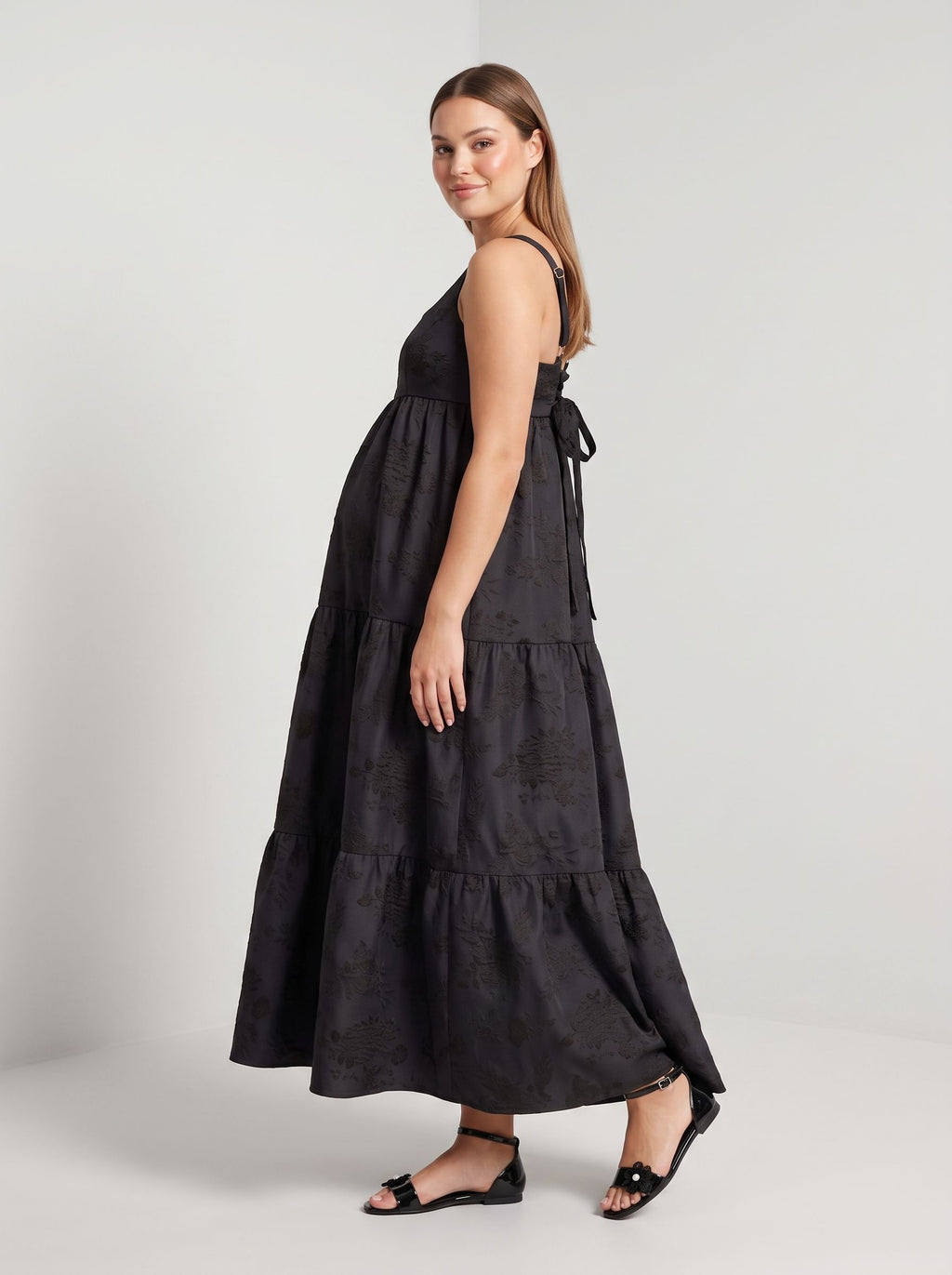 Black Jacquard A-Line Straight Neck Lace-Up Floor-Length  with Tiered Skirt