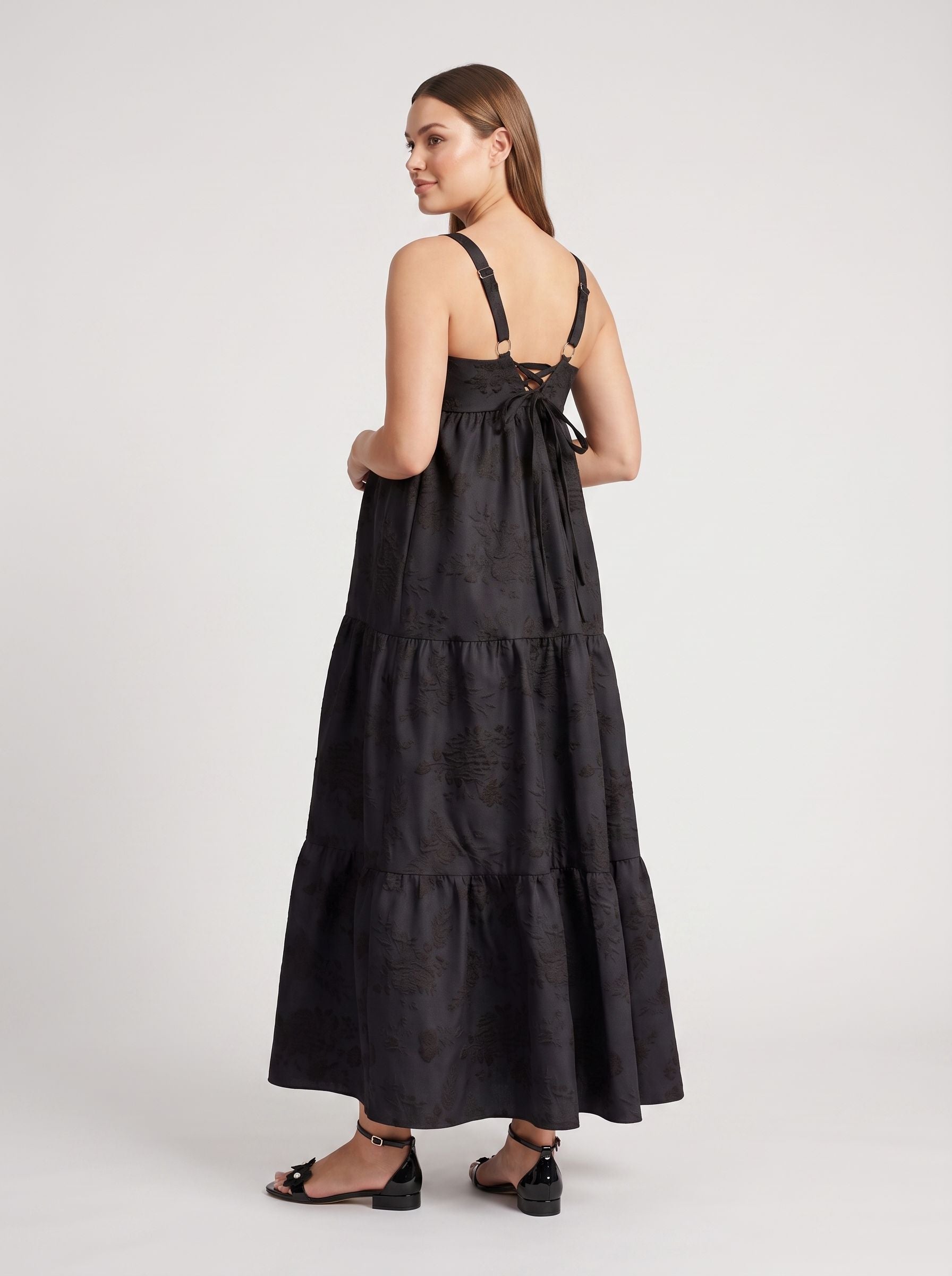 Black Jacquard A-Line Straight Neck Lace-Up Floor-Length  with Tiered Skirt