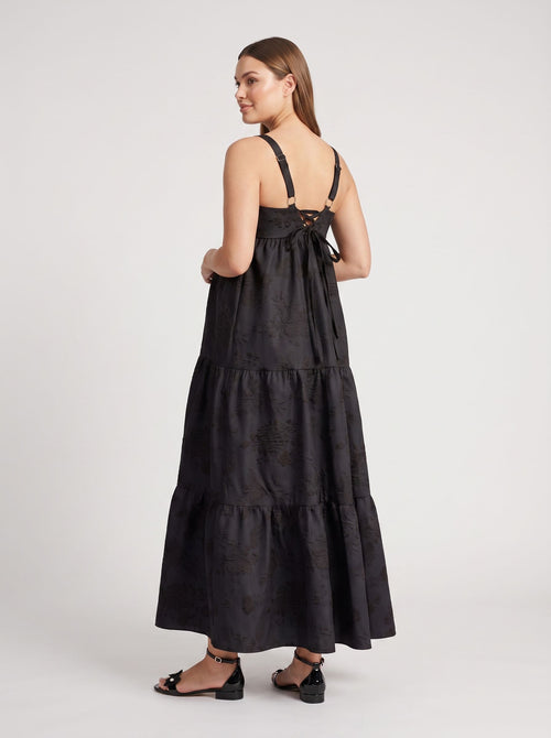 Black Jacquard A-Line Straight Neck Lace-Up Floor-Length  with Tiered Skirt