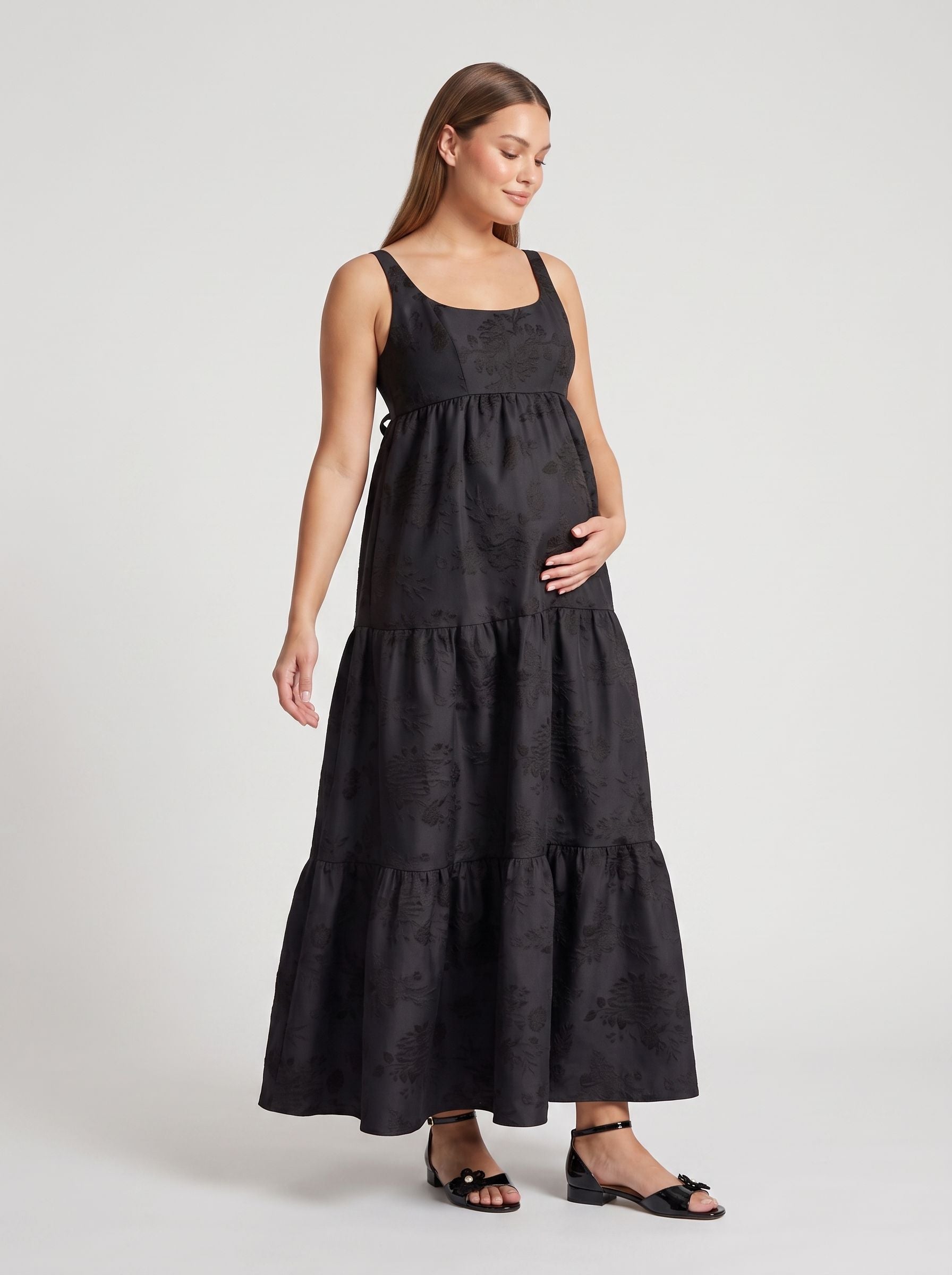 Black Jacquard A-Line Straight Neck Lace-Up Floor-Length  with Tiered Skirt