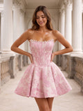 Petal Jacquard A-Line Straight Neck Corset Back Short Dress with Pearl Neckline