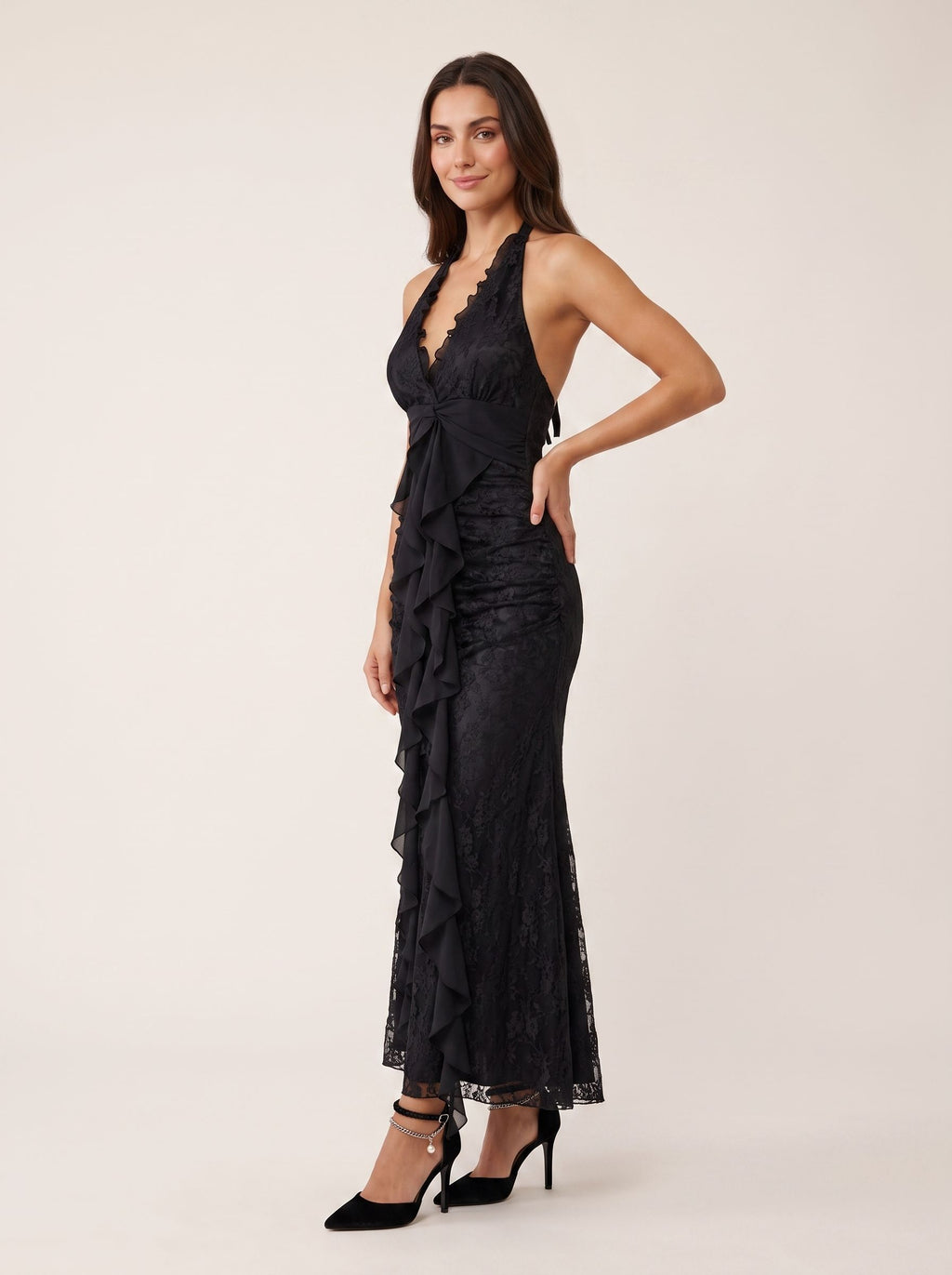 Black Lace Mermaid V-Neck Backless Floor-Length Dress with Pleated Bodice