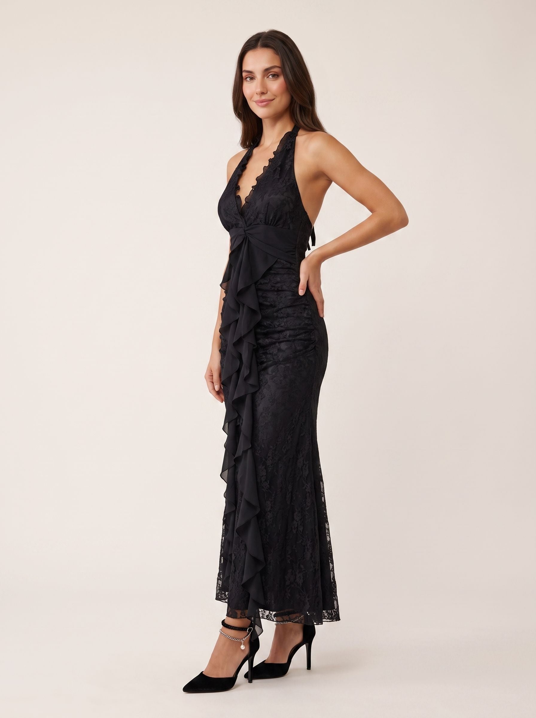 Black Lace Mermaid V-Neck Backless Floor-Length Dress with Pleated Bodice