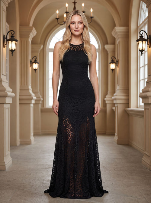 Black Lace A-Line Scoop Neck Side Zip Floor-Length Dress with Back Neck Tie