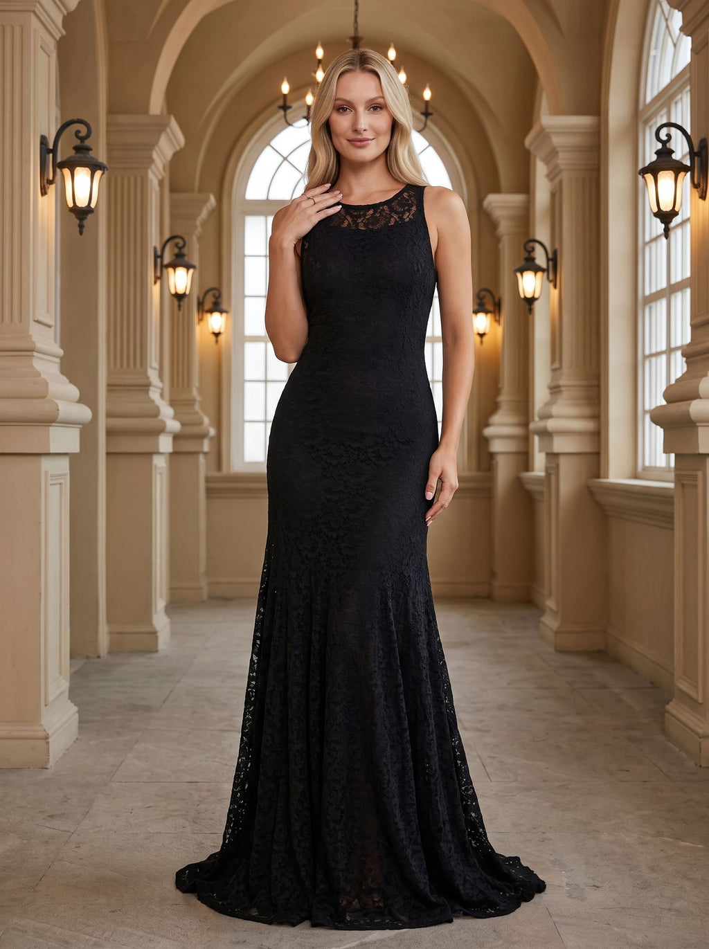 Black Lace A-Line Scoop Neck Side Zip Floor-Length Dress with Back Neck Tie