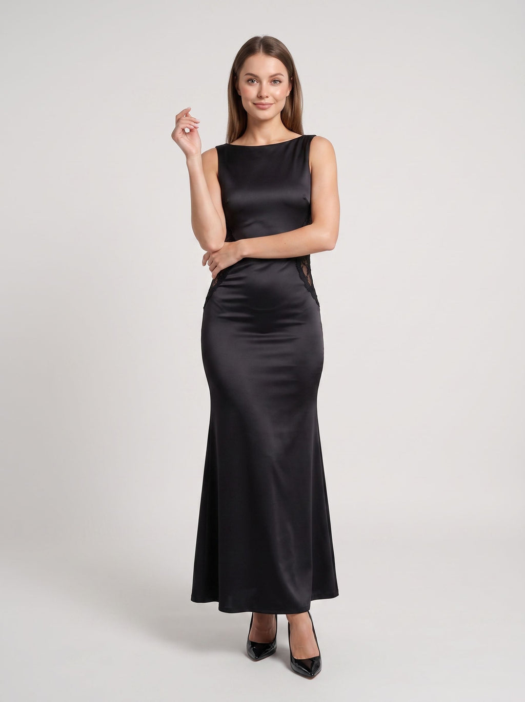 Black Satin Sheath Scoop Neck V-Back Floor-Length Dress with Sheer Lace Side Cut-Out