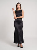 Black Satin Sheath Scoop Neck V-Back Floor-Length Dress with Sheer Lace Side Cut-Out