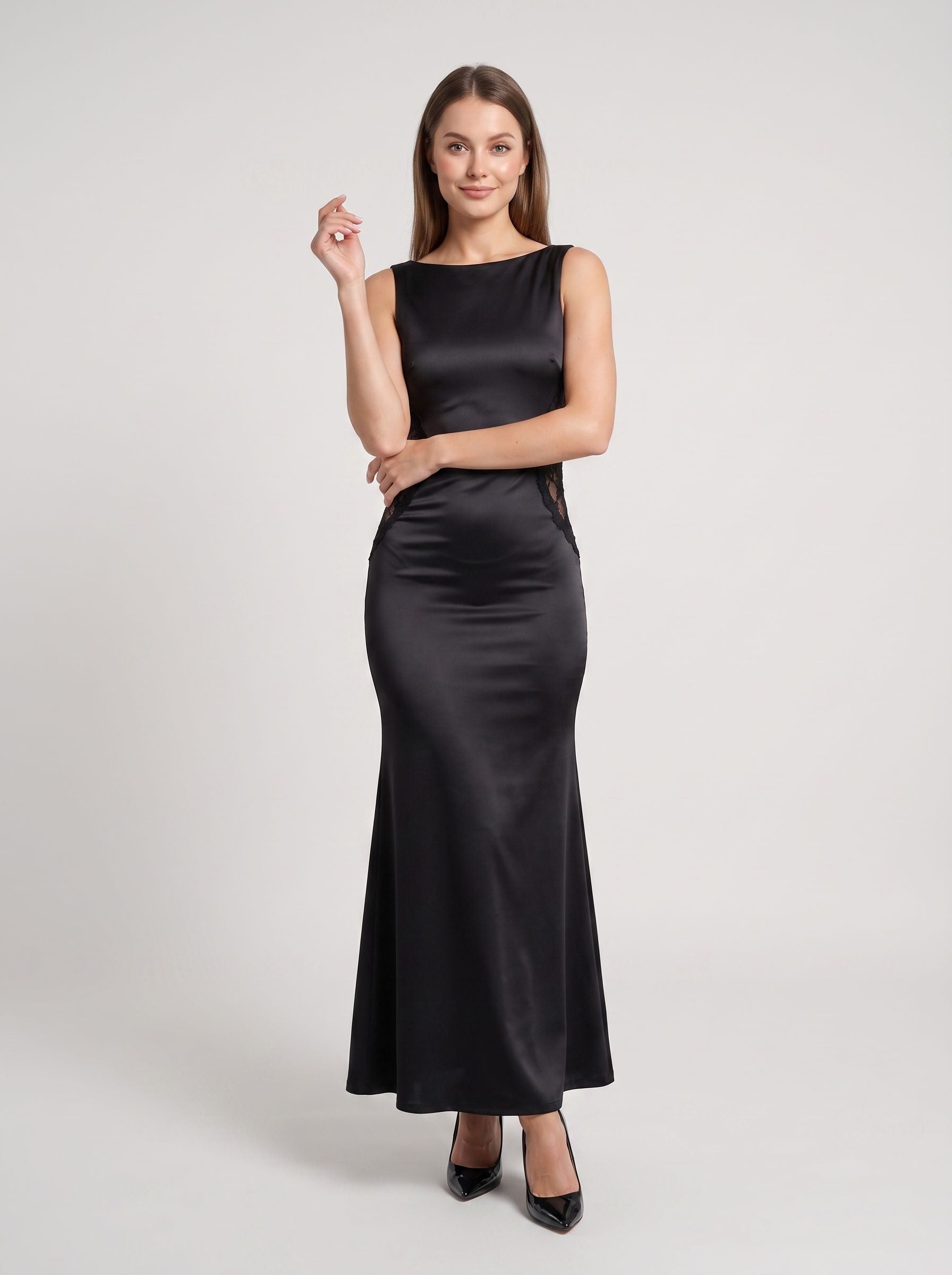 Black Satin Sheath Scoop Neck V-Back Floor-Length Dress with Sheer Lace Side Cut-Out