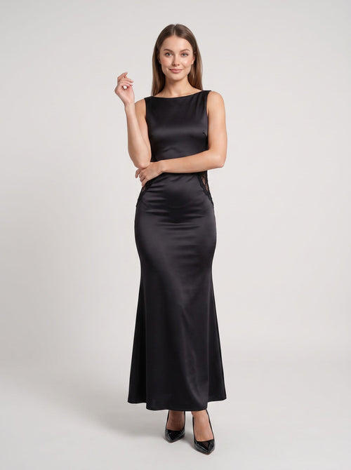 Black Satin Sheath Scoop Neck V-Back Floor-Length Dress with Sheer Lace Side Cut-Out