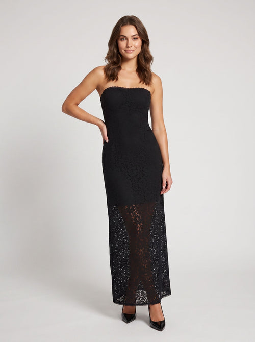 Black Lace Column Straight Neck Side Zip Floor-Length Dress with Strapless Lace Bodice