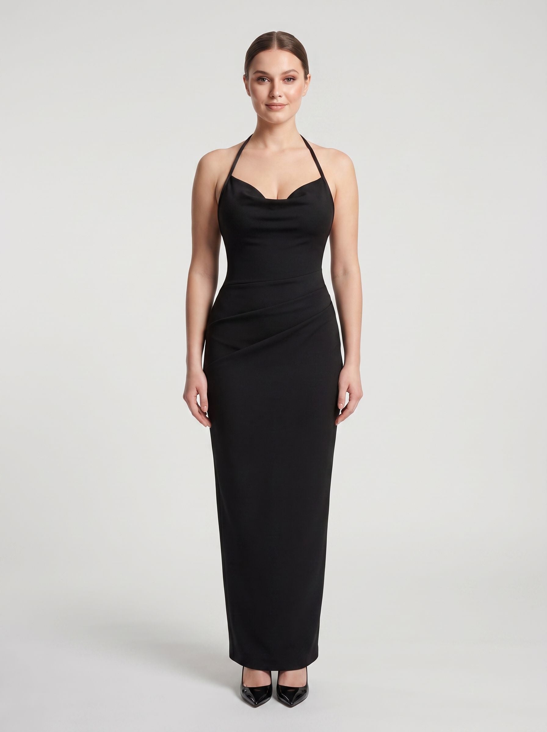 Black Matte Satin Column Halter neckline Back Zip Floor-Length Dress with Rope Straps
