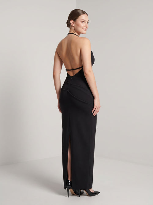 Black Matte Satin Column Halter neckline Back Zip Floor-Length Dress with Rope Straps