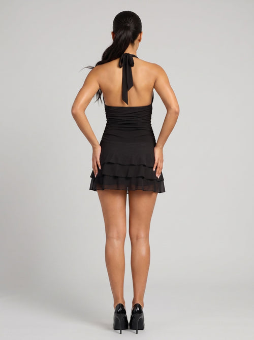 Black Mesh A-Line Halter neckline Backless Short Dress with Ruffled Overlay