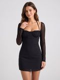Black Mesh Sheath Square Neck Back Zip Short Dress with Sheer Sleeves