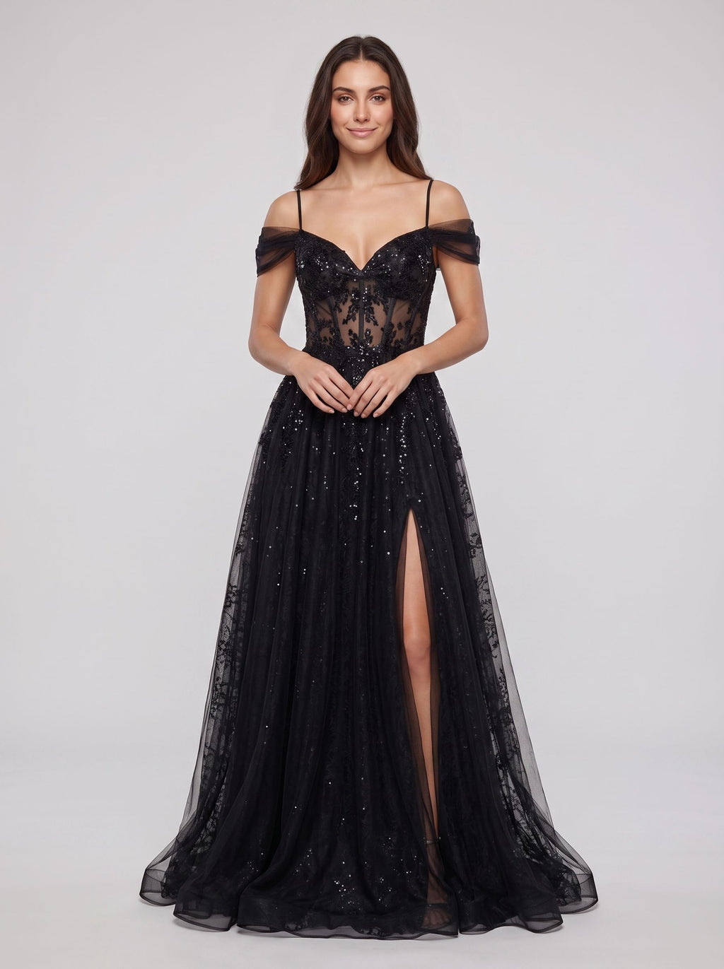 Black Tulle & Sequins A-Line Off-the-Shoulder Lace-up Floor-Length Dress with Sheer Corset & Slit