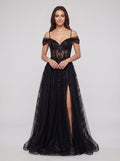 Black Tulle & Sequins A-Line Off-the-Shoulder Lace-up Floor-Length Dress with Sheer Corset & Slit