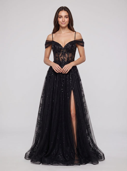 Black Tulle & Sequins A-Line Off-the-Shoulder Lace-up Floor-Length Dress with Sheer Corset & Slit
