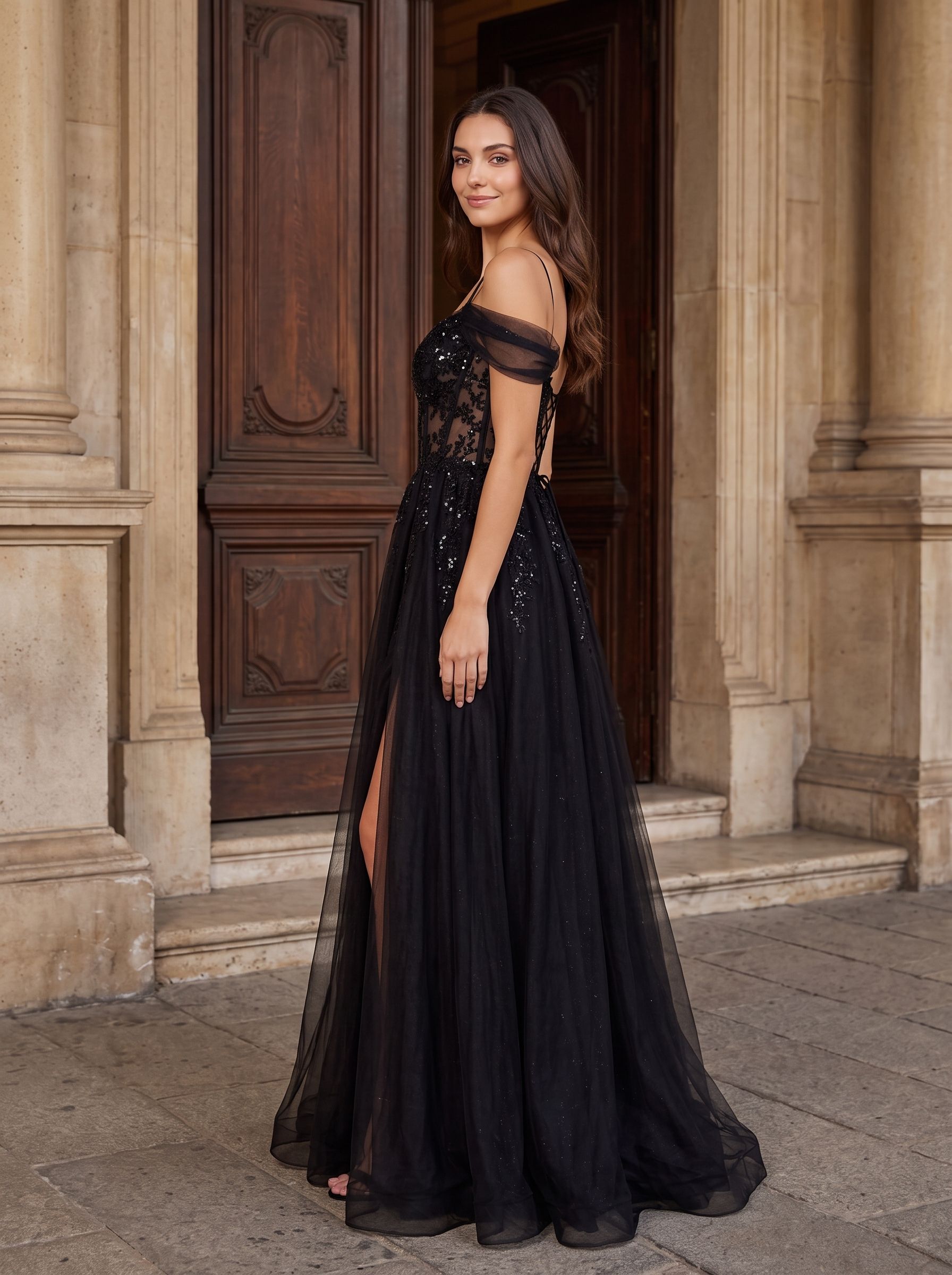 Black Tulle & Sequins A-Line Off-the-Shoulder Lace-up Floor-Length Dress with Sheer Corset & Slit