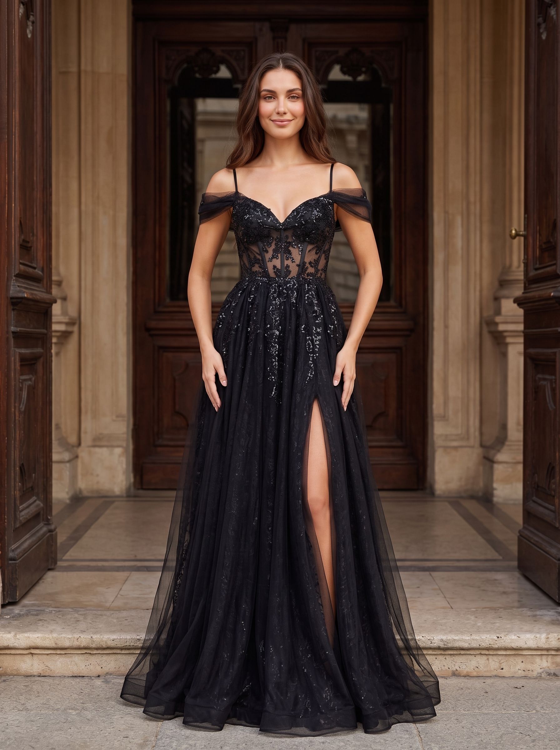Black Tulle & Sequins A-Line Off-the-Shoulder Lace-up Floor-Length Dress with Sheer Corset & Slit
