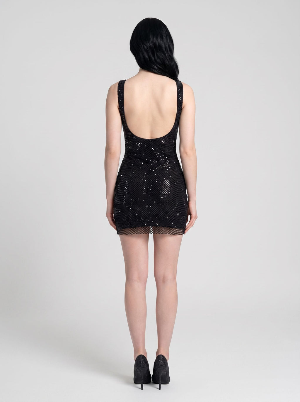 Black Rhinestone Mesh Sheath Square Neck Backless Mini Dress