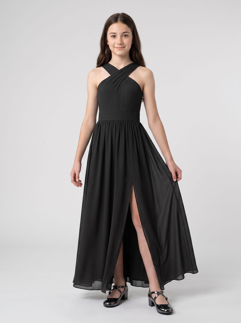 Black Satin A-Line V-Neck Back Zip Floor-Length Dress with Pleated Bodice