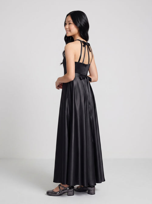 Black Satin A-Line Scoop Neck Back Zip Floor-Length Dress with Pockets