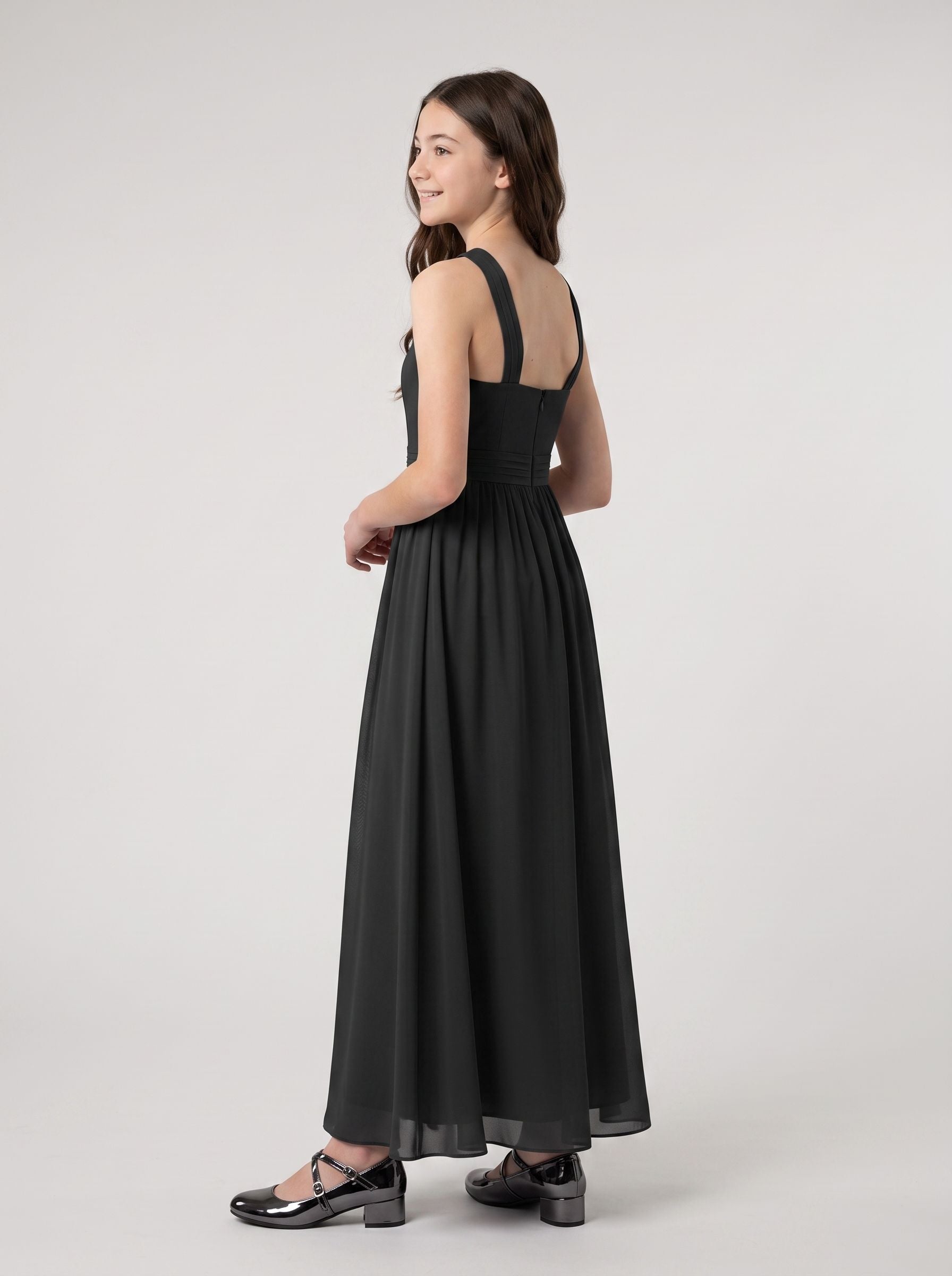 Black Satin A-Line V-Neck Back Zip Floor-Length Dress with Pleated Bodice