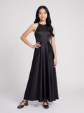 Black Satin A-Line Scoop Neck Back Zip Floor-Length Dress with Pockets