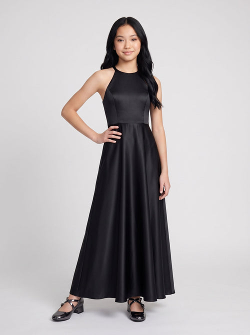 Black Satin A-Line Scoop Neck Back Zip Floor-Length Dress with Pockets
