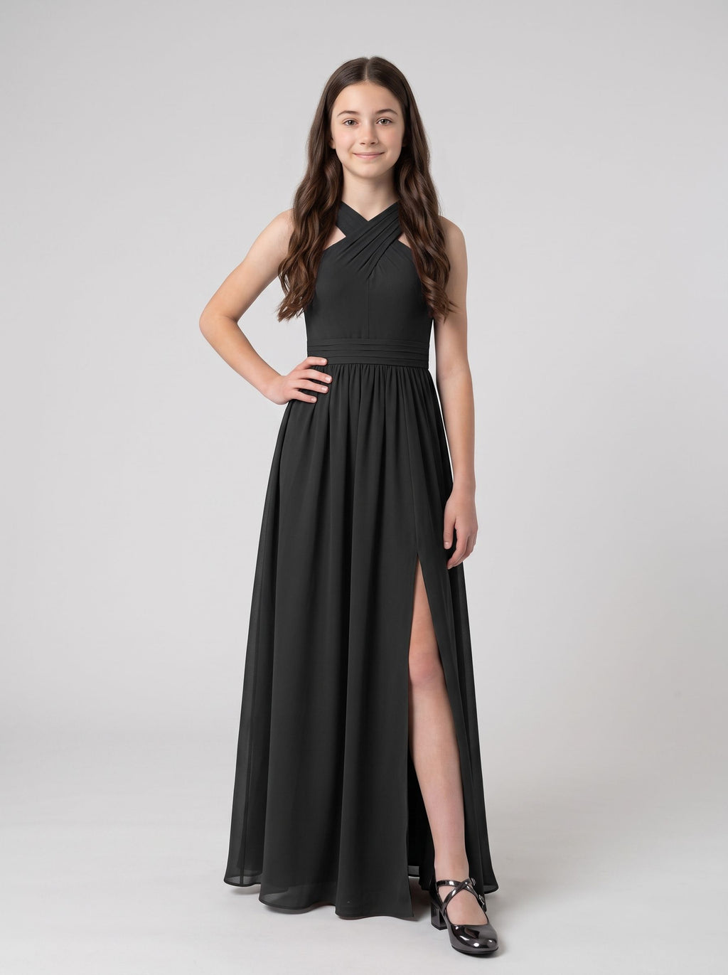 Black Satin A-Line V-Neck Back Zip Floor-Length Dress with Pleated Bodice