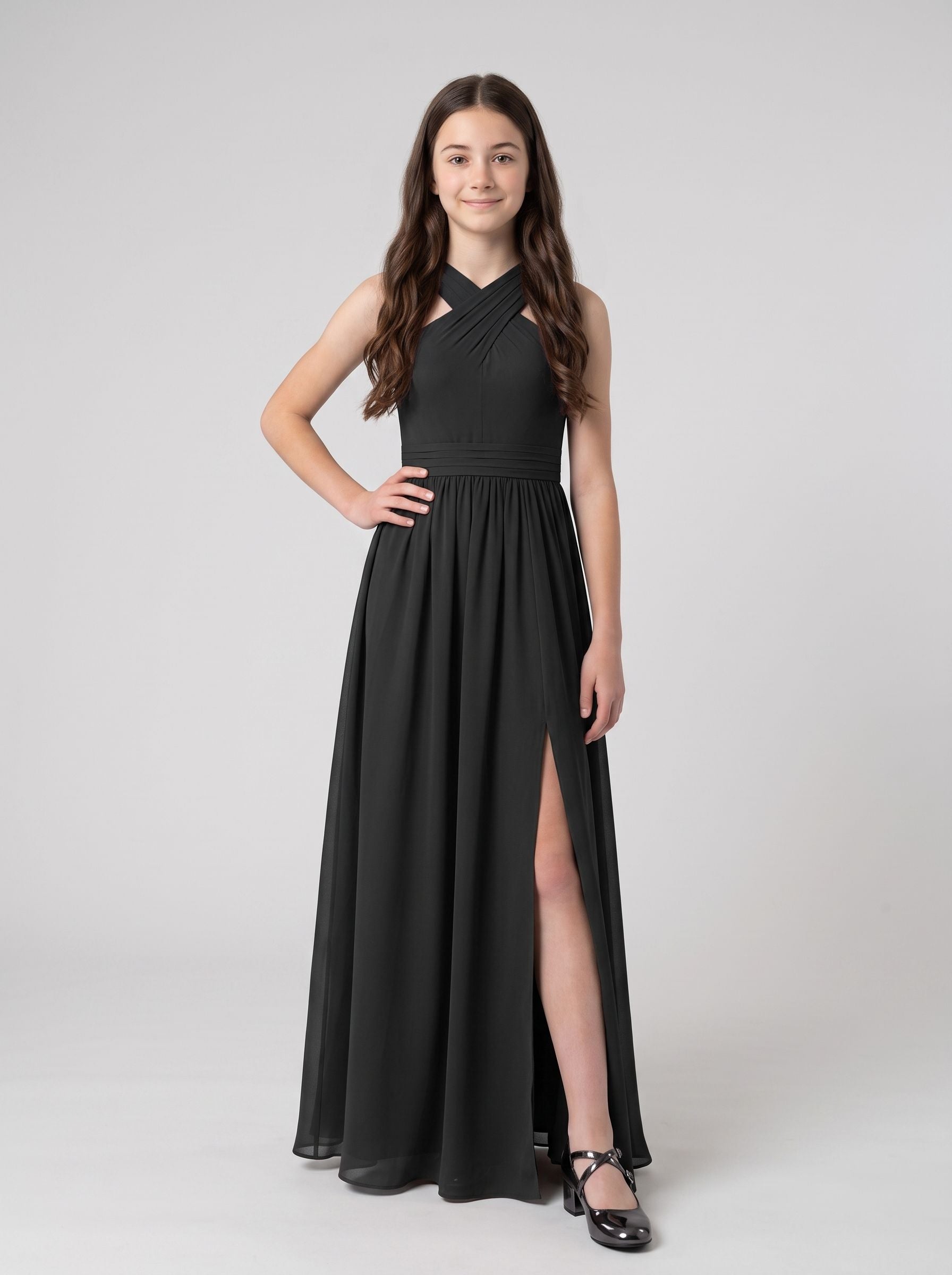 Black Satin A-Line V-Neck Back Zip Floor-Length Dress with Pleated Bodice