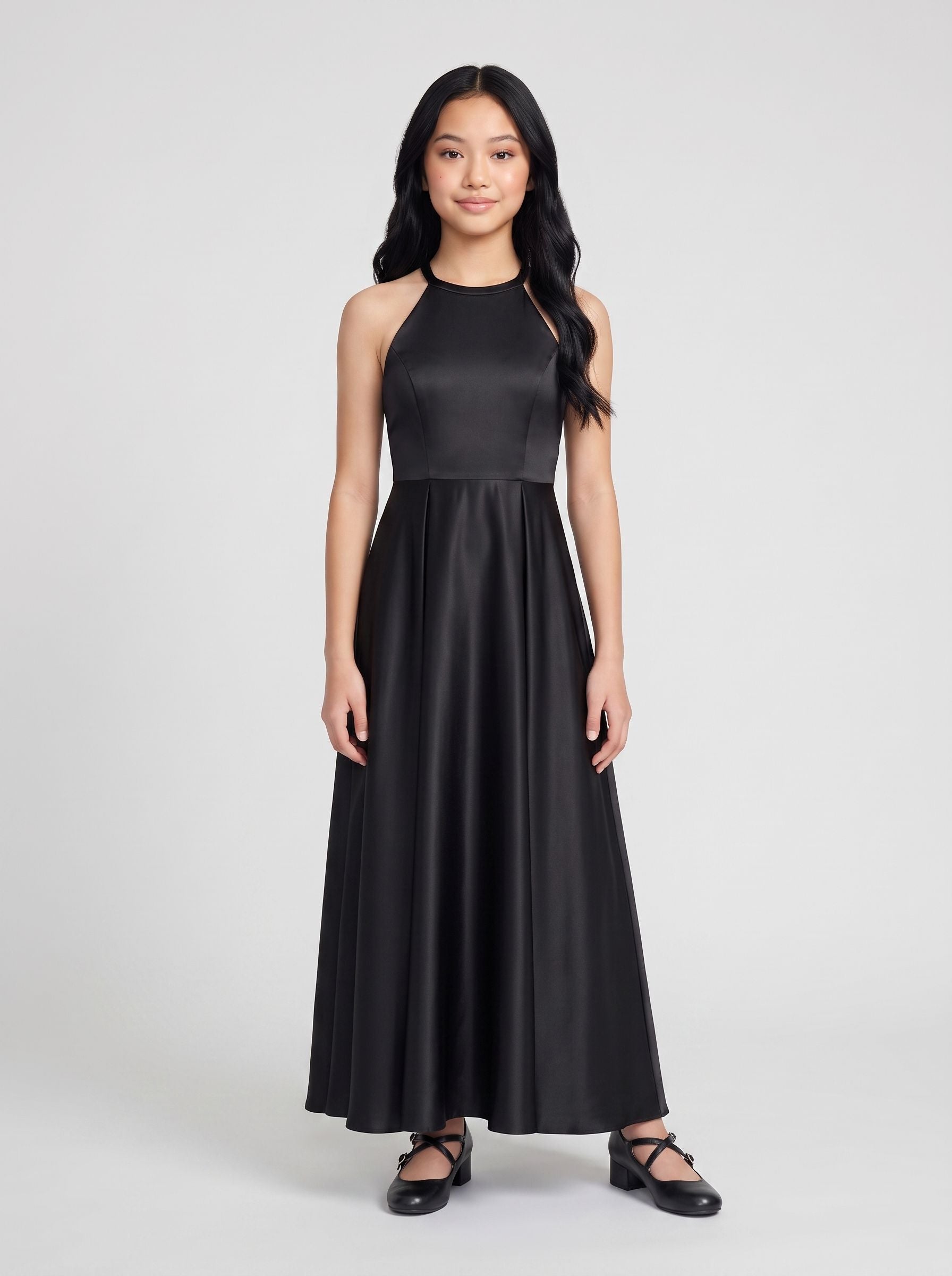 Black Satin A-Line Scoop Neck Back Zip Floor-Length Dress with Pockets