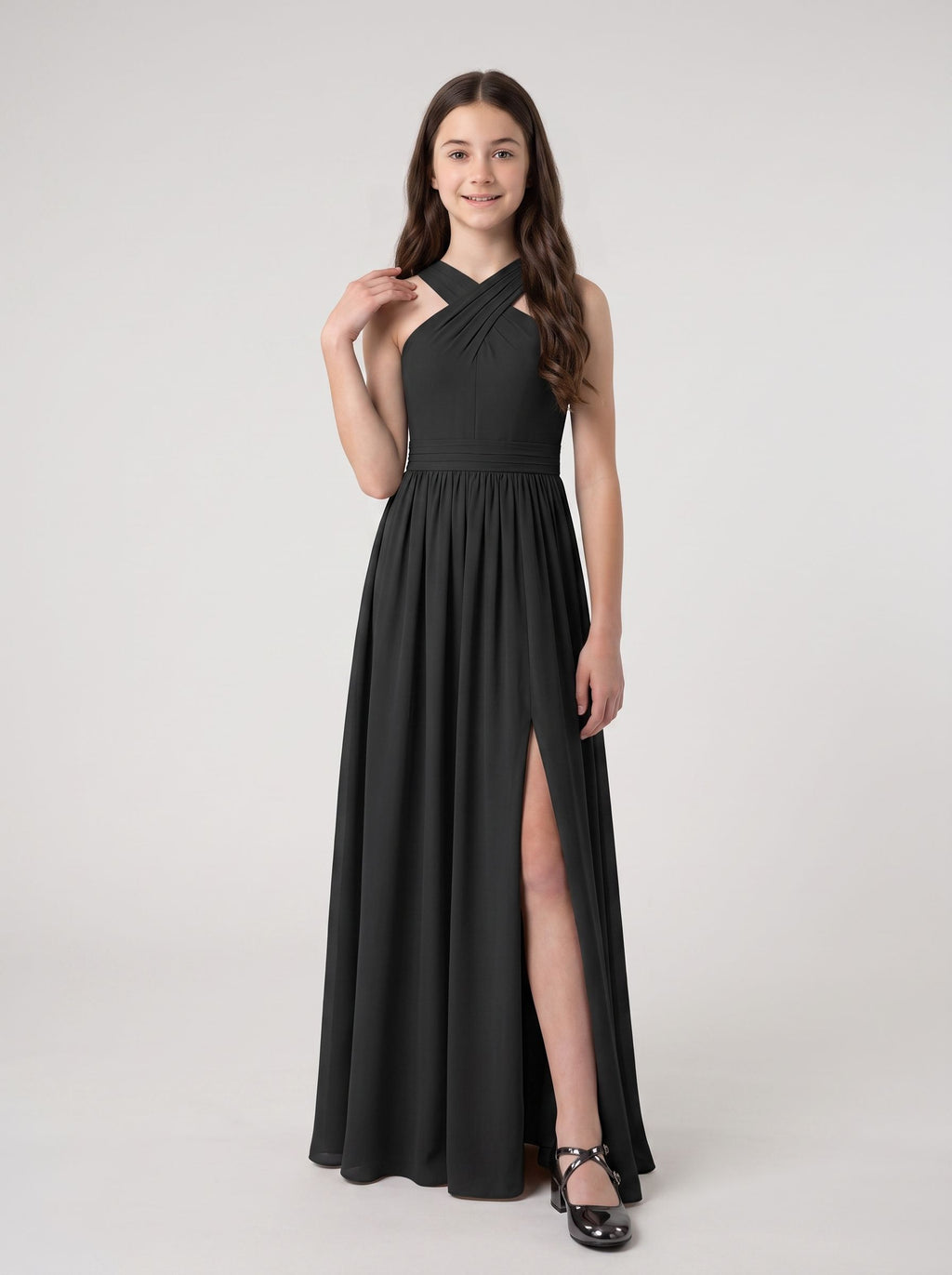 Black Satin A-Line V-Neck Back Zip Floor-Length Dress with Pleated Bodice