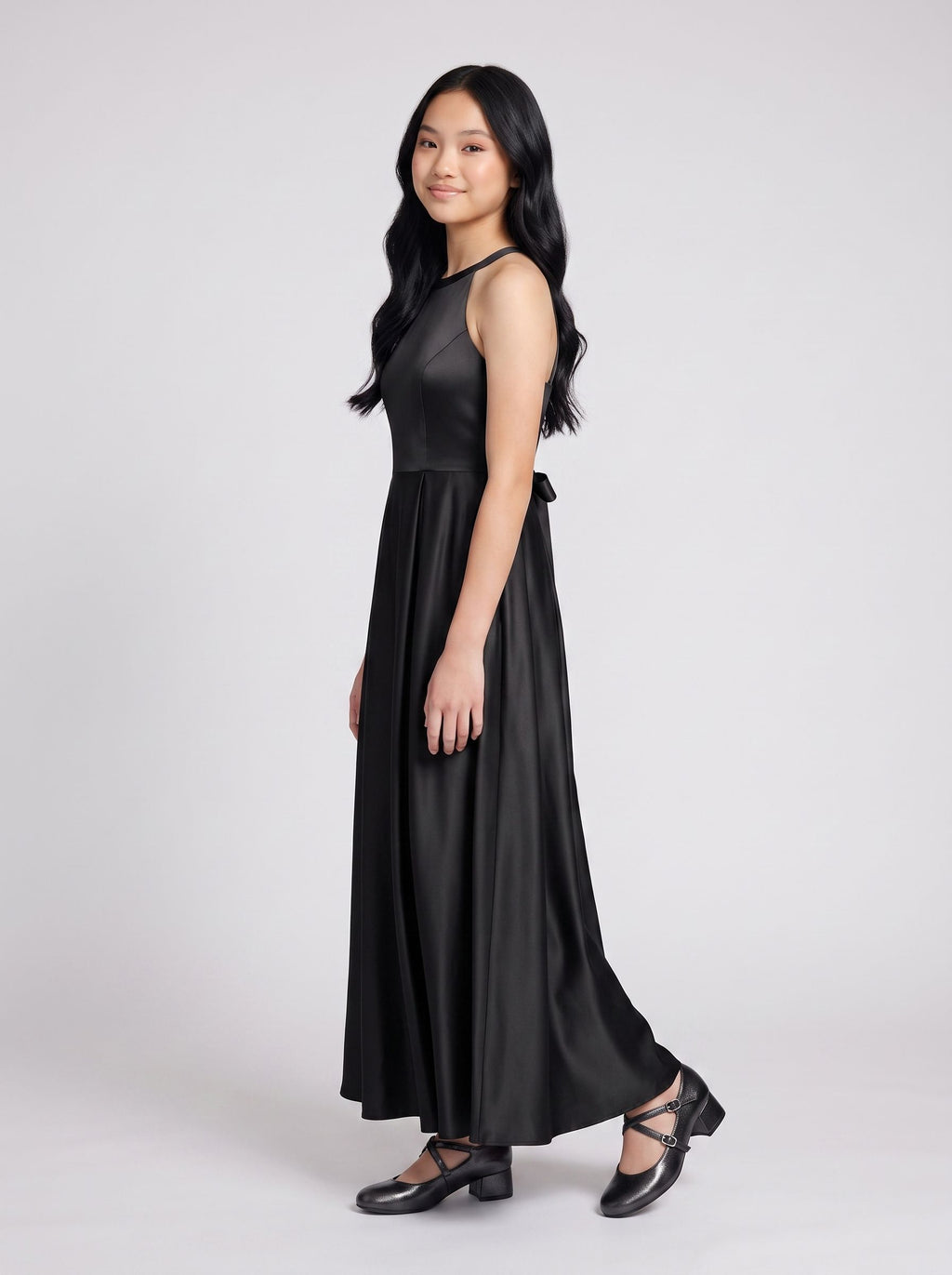 Black Satin A-Line Scoop Neck Back Zip Floor-Length Dress with Pockets