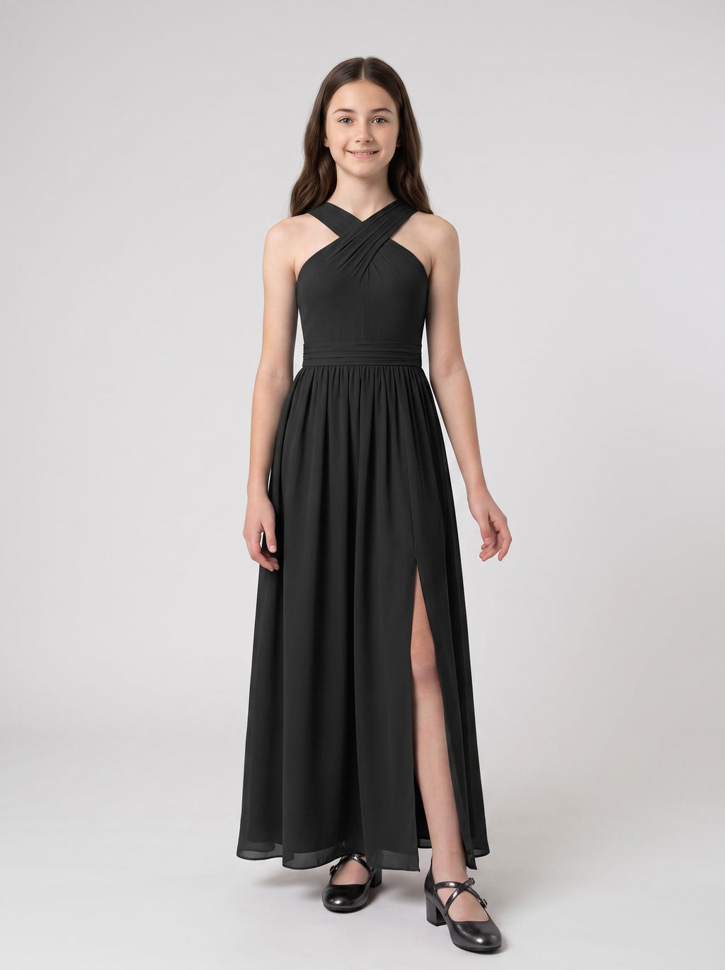 Black Satin A-Line V-Neck Back Zip Floor-Length Dress with Pleated Bodice